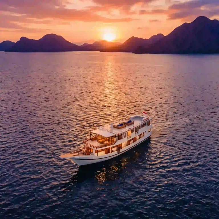 A modern motor yacht under way at sunset in Komodo