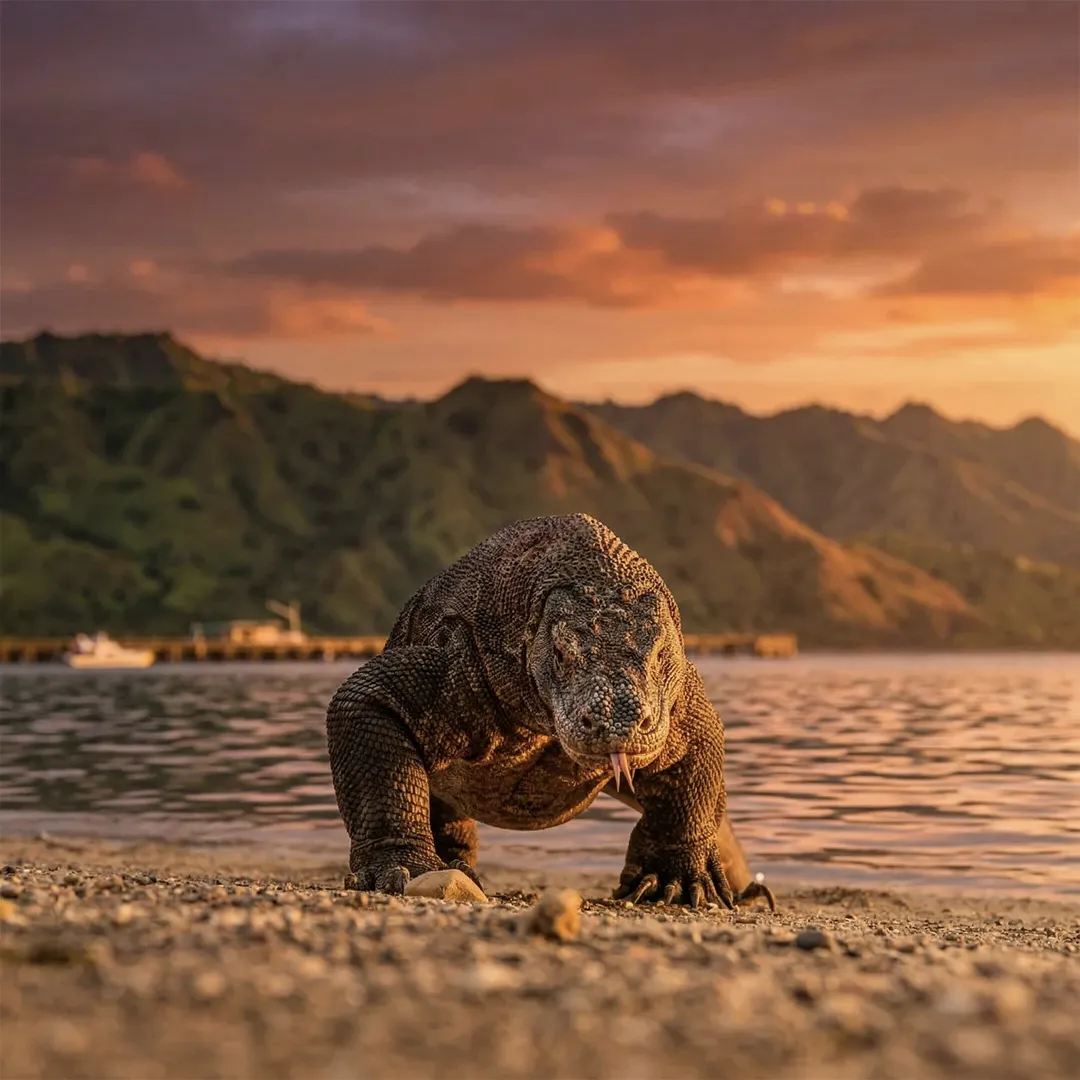 A Komodo dragon on the shoreline in Komodo National Park