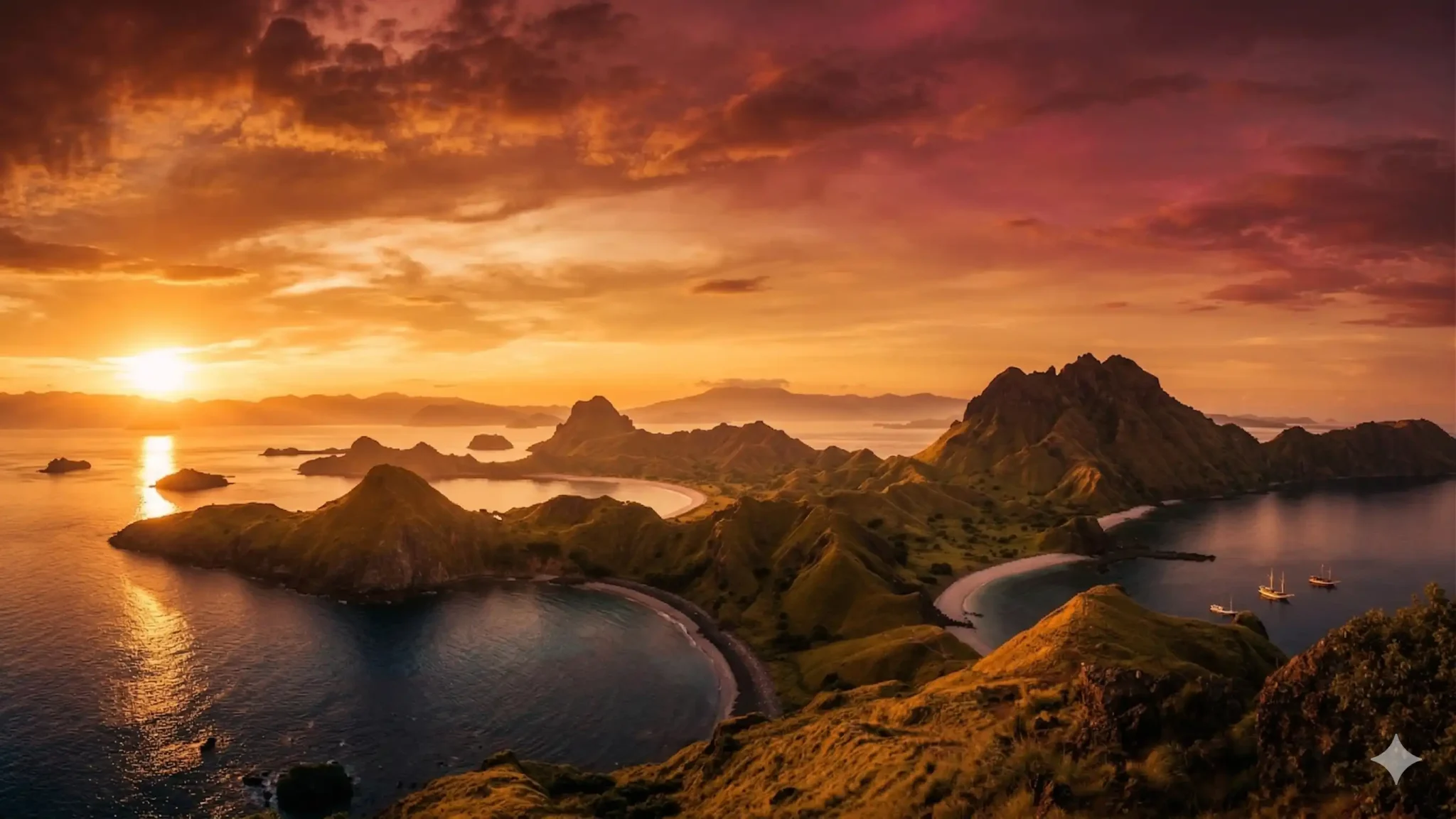 The islands of Komodo National Park from the air at sunset