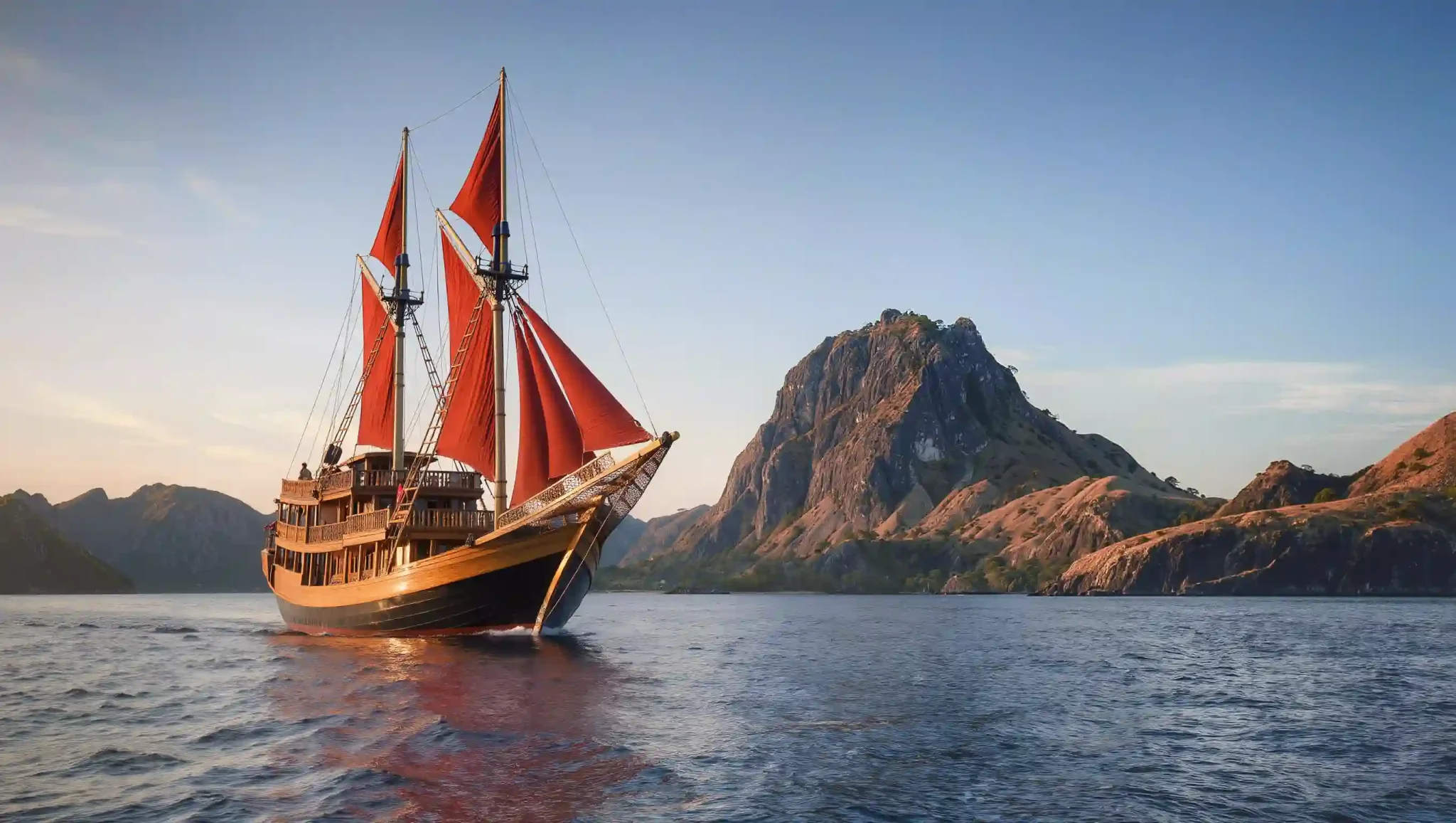 A red-sailed phinisi passing a Komodo headland