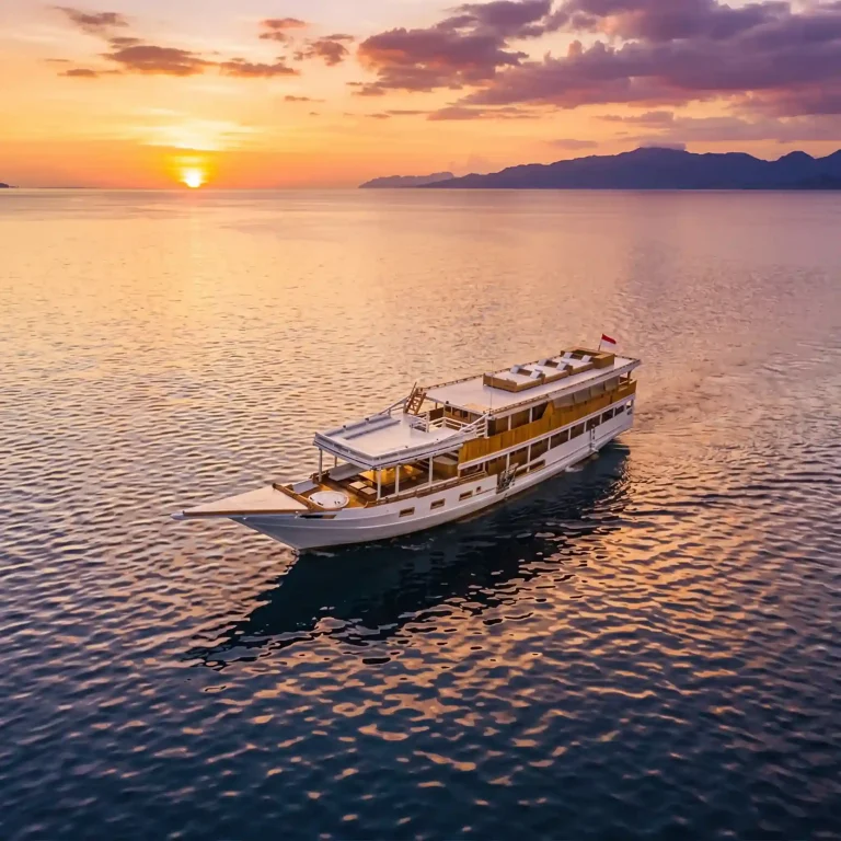 A charter vessel on still water at sunset in Komodo National Park