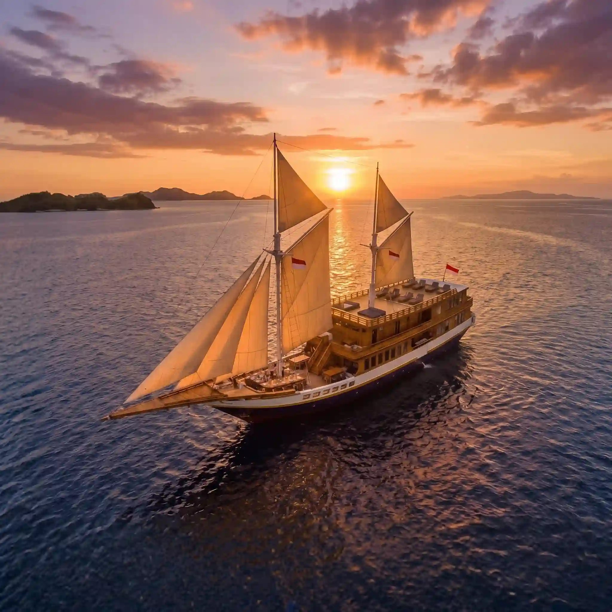 A phinisi sailing into the sun off Komodo