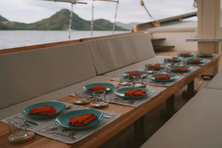 A table set on the outdoor deck of a phinisi at dusk