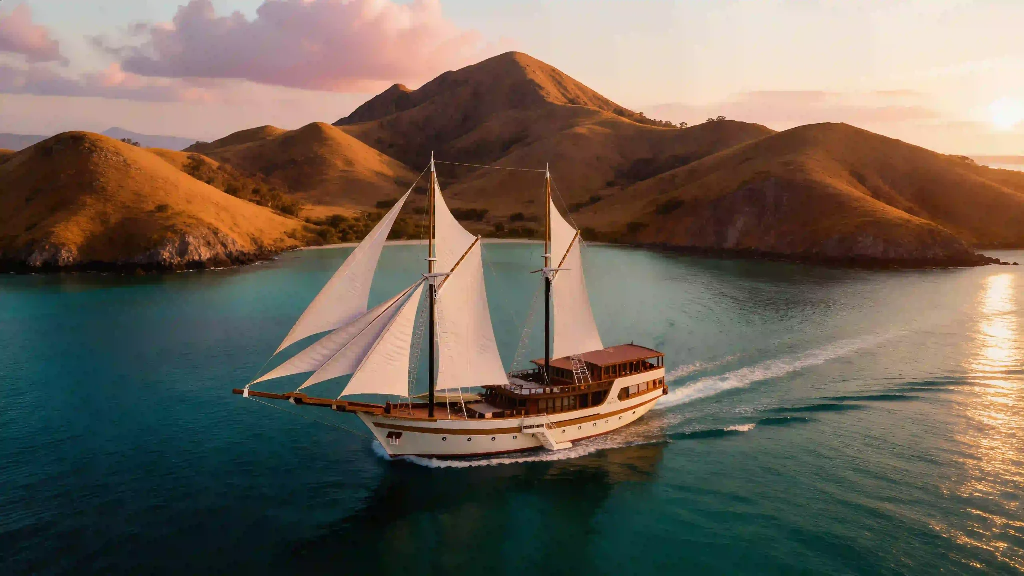 A phinisi under full sail in Komodo National Park