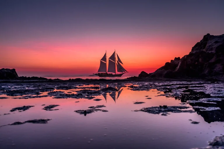 A phinisi silhouetted against a Komodo sunset