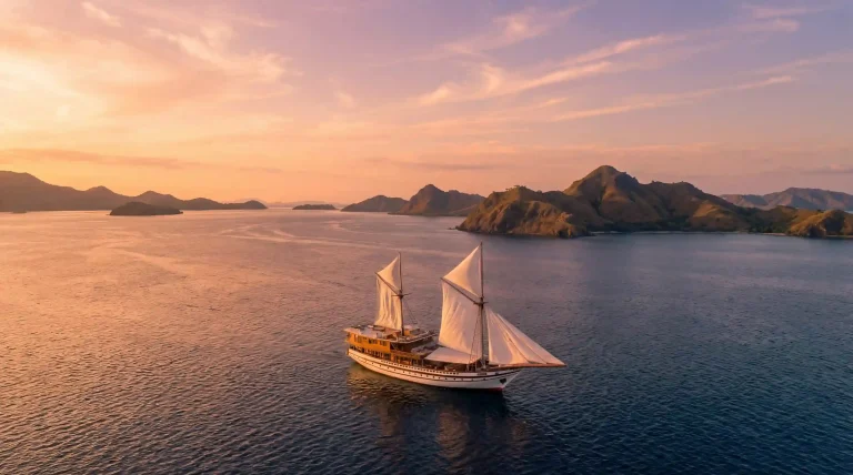 A phinisi under sail in the last light off a Komodo island