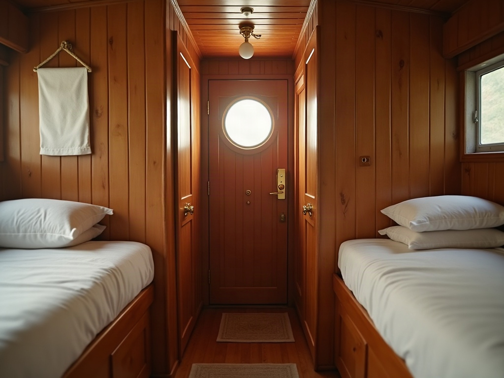 Teak cabin doors inside a wooden phinisi used for shared Komodo cruises