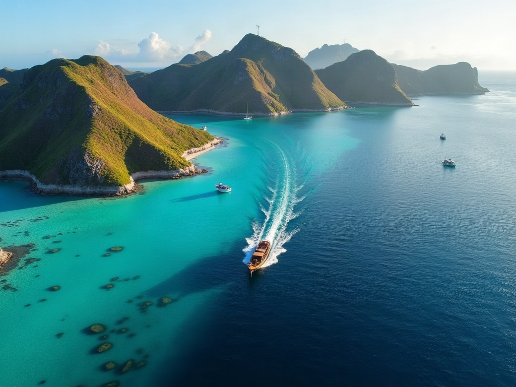 Aerial view of a private phinisi cruising between Komodo islands in the afternoon