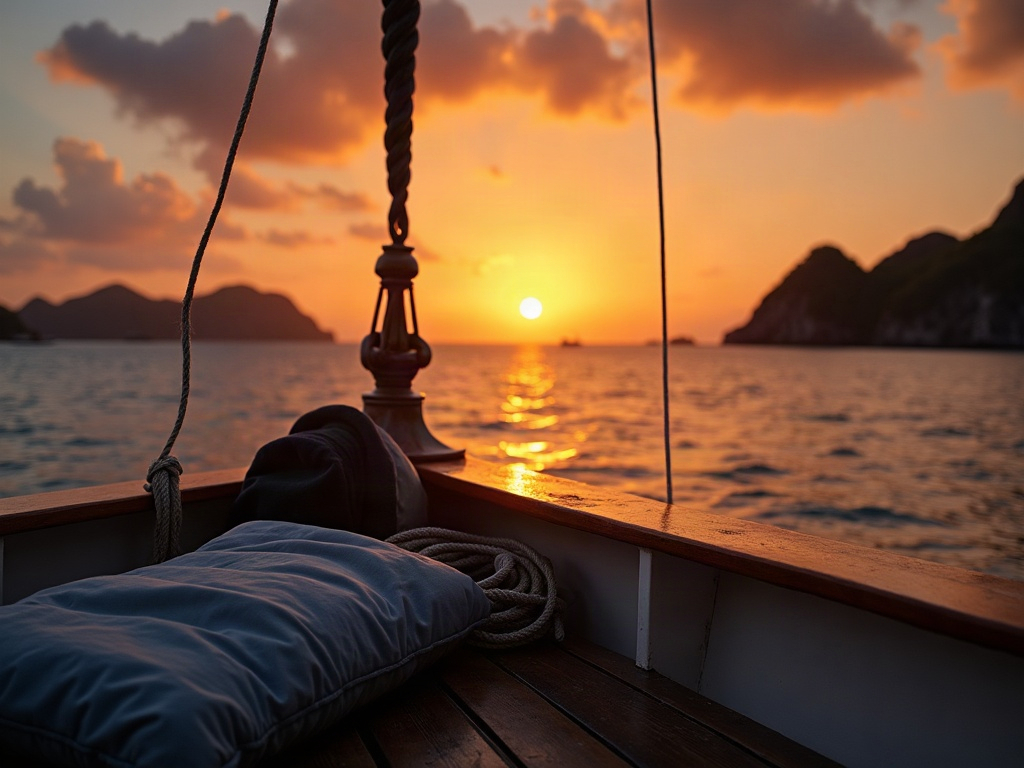 Sunset over Flores island silhouettes seen from the teak foredeck of a Labuan Bajo cruise boat