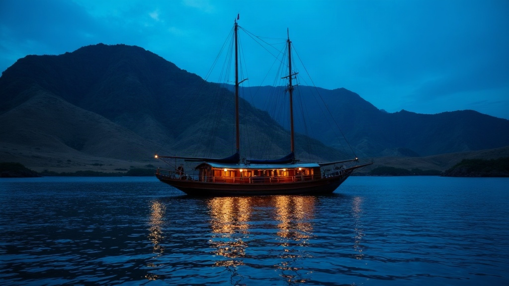 Wooden phinisi cruise boat anchored at blue hour in a Komodo National Park bay